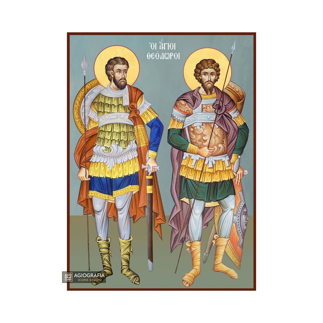 Saints Theodores Stratelate & Tyro Greek Icon Blue Background
