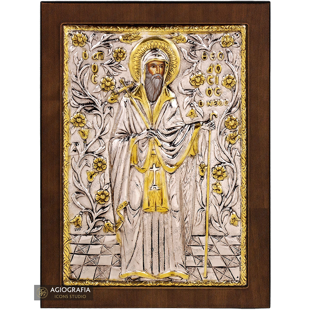 Heiliger Theodosius der Neue christlich-orthodoxe versilberte Ikone