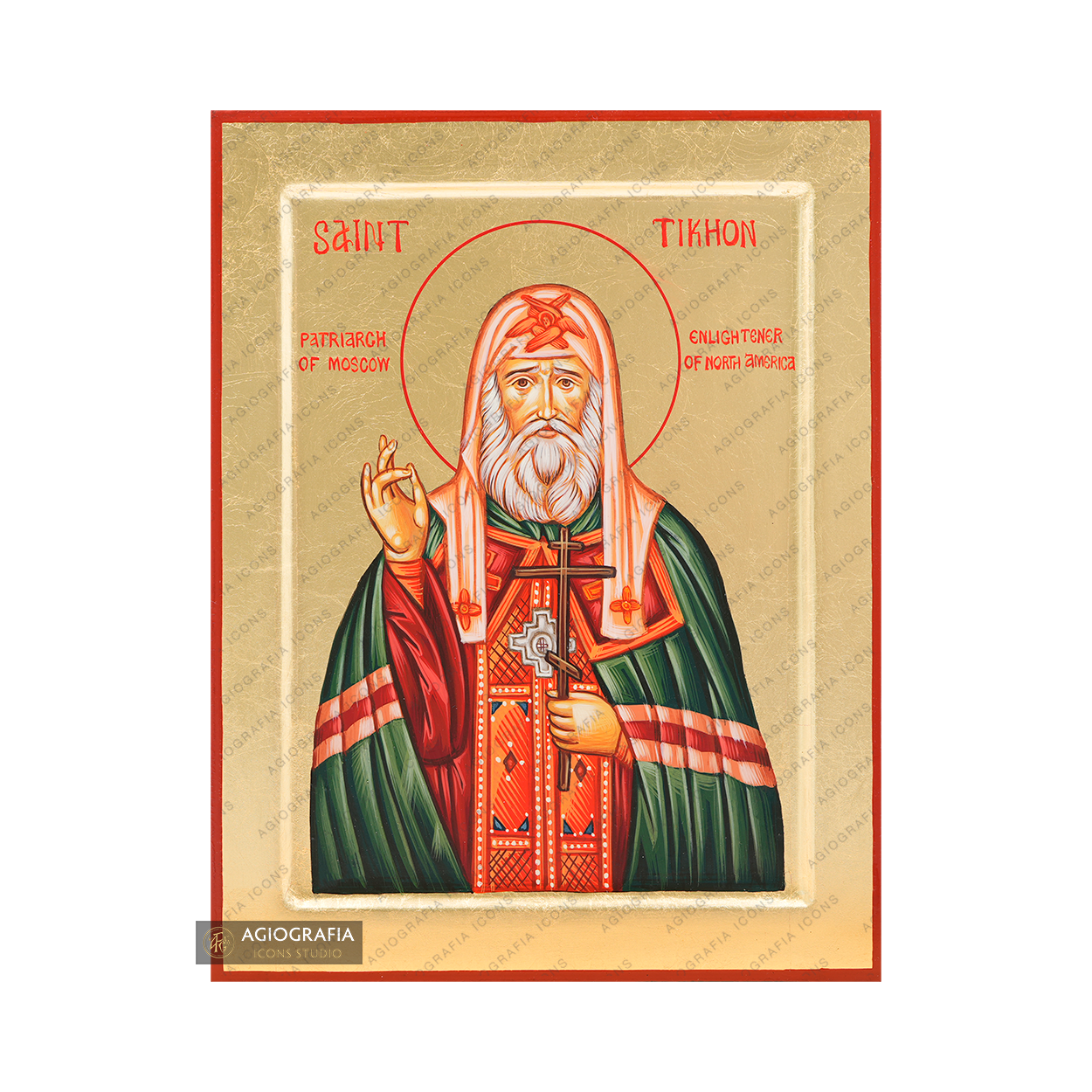 Saint Tikhon Handwritten Orthodox Icon with Matte Gold Leaves