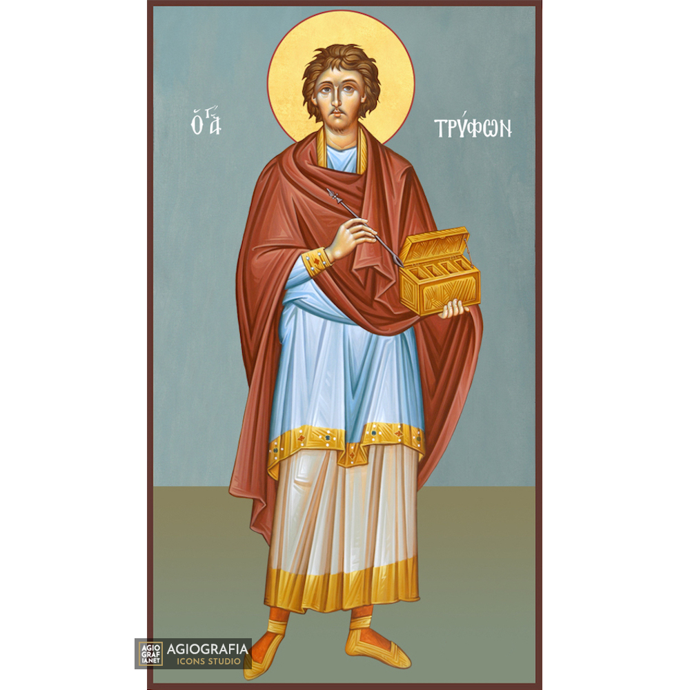 St Triphon Greek Orthodox Icon on Wood with Blue Background