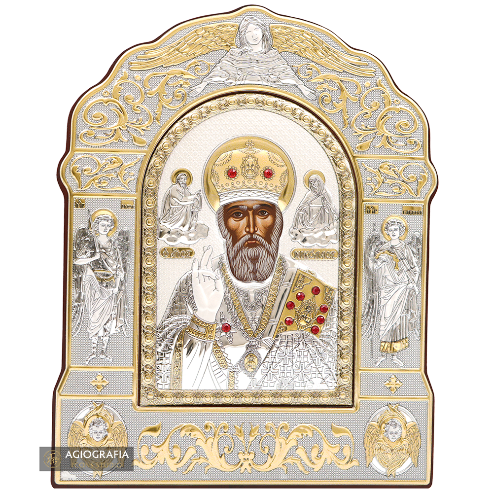 Saint Nicholas of Myra Orthodox Silver Plated Icon on Wood