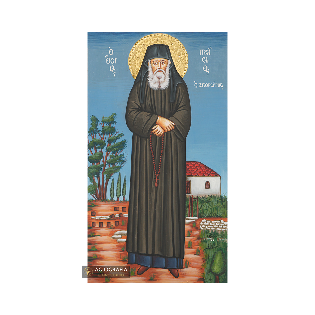 24k Saint Paisios the Athonite Handwritten Water Gilded Halo Icon