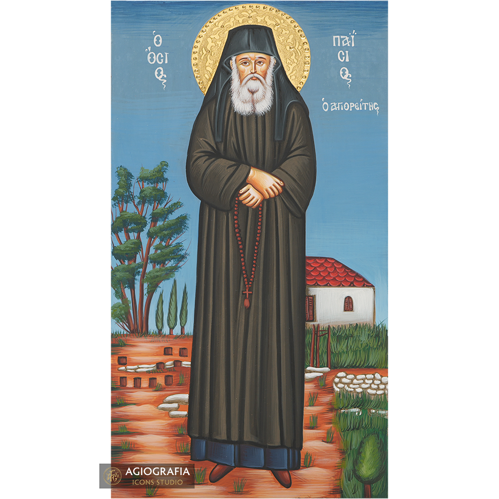 24k Saint Paisios the Athonite Handwritten Water Gilded Halo Icon