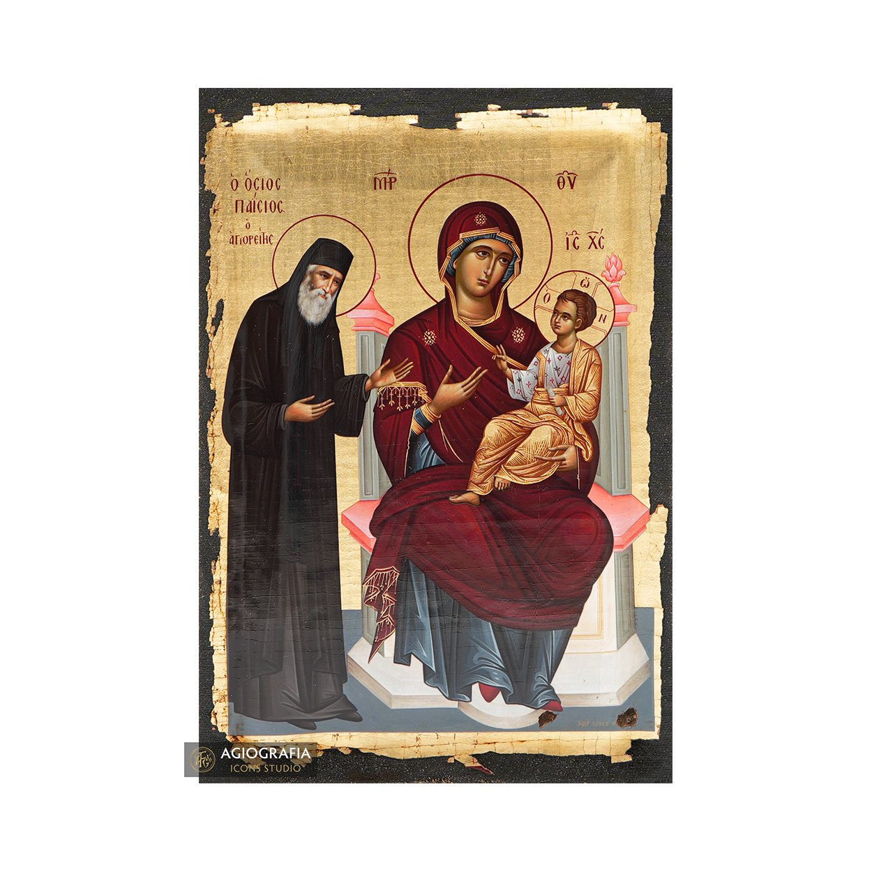 Saint Paisios Deesis to Virgin Mary Icon with Aged Gold Leaves