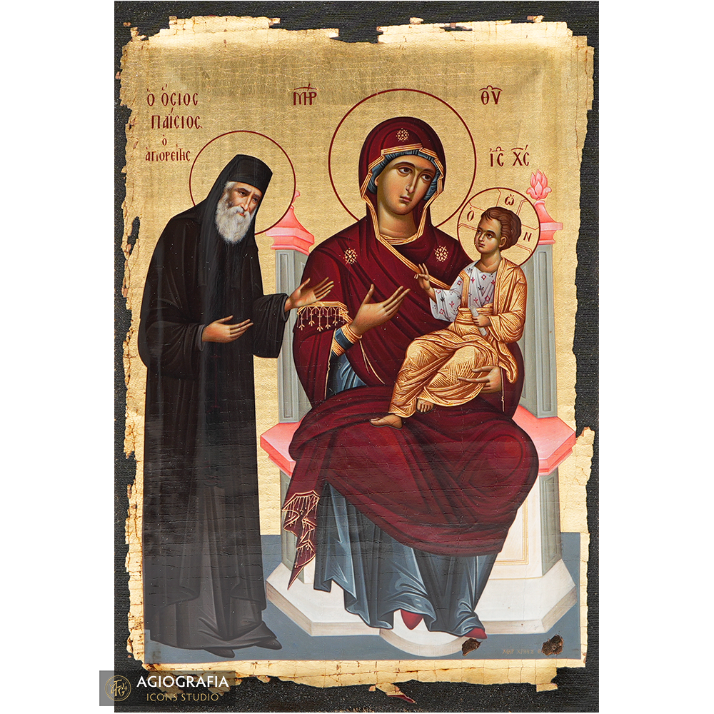 Saint Paisios Deesis to Virgin Mary Icon with Aged Gold Leaves