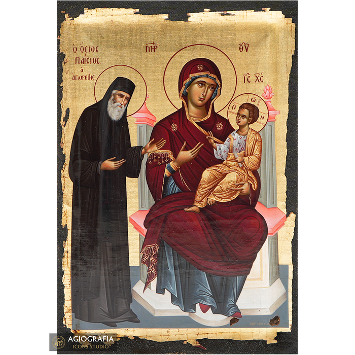 San Paisio Deesis alla Vergine Maria icona con foglie d'oro anticate