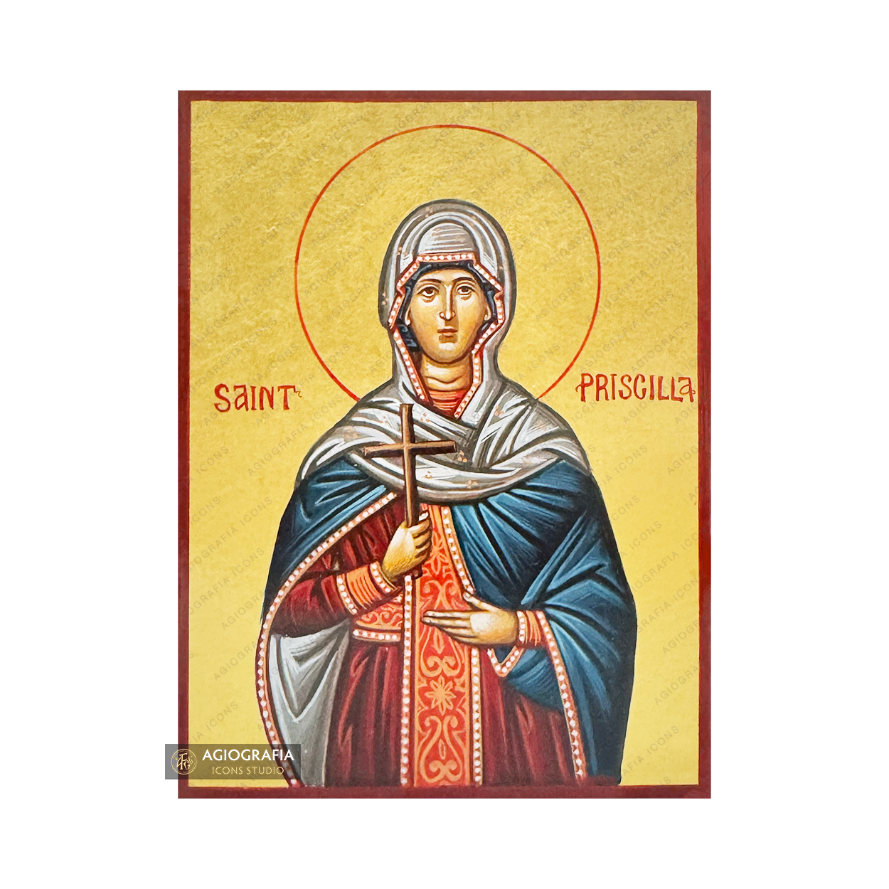 24k Saint Priscilla Handwritten Orthodox Icon with Gold Leaves
