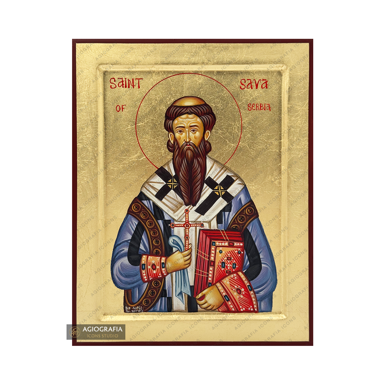 Saint Sava of Serbia Handwritten Icon with Gold Leaves