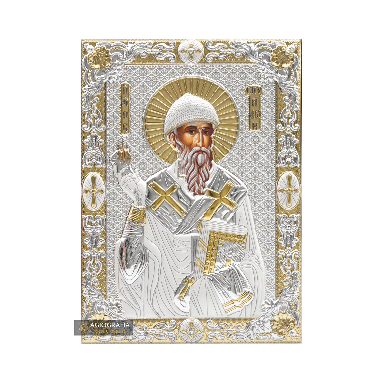 Saint Spiridon Silver Gold Plated Christian Icon on Wood