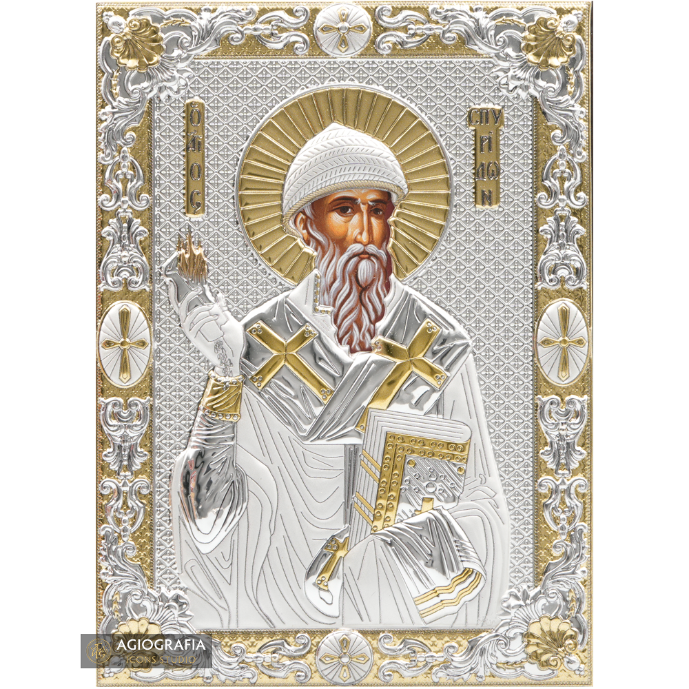 Saint Spyridon Silver Gold Plated Christian Icon on Wood