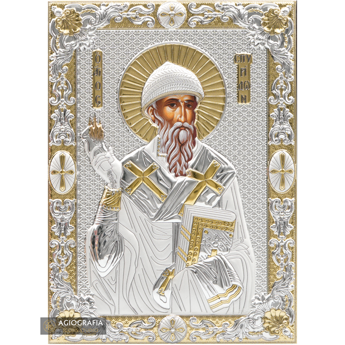 Saint Spyridon icône chrétienne plaquée argent et or sur bois