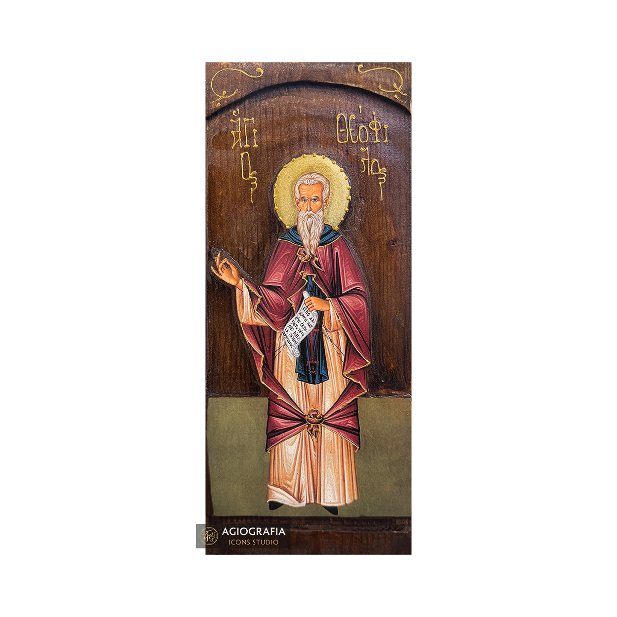 Saint Theofilus Orthodox Greek Gold Print Icon on Carved Wood