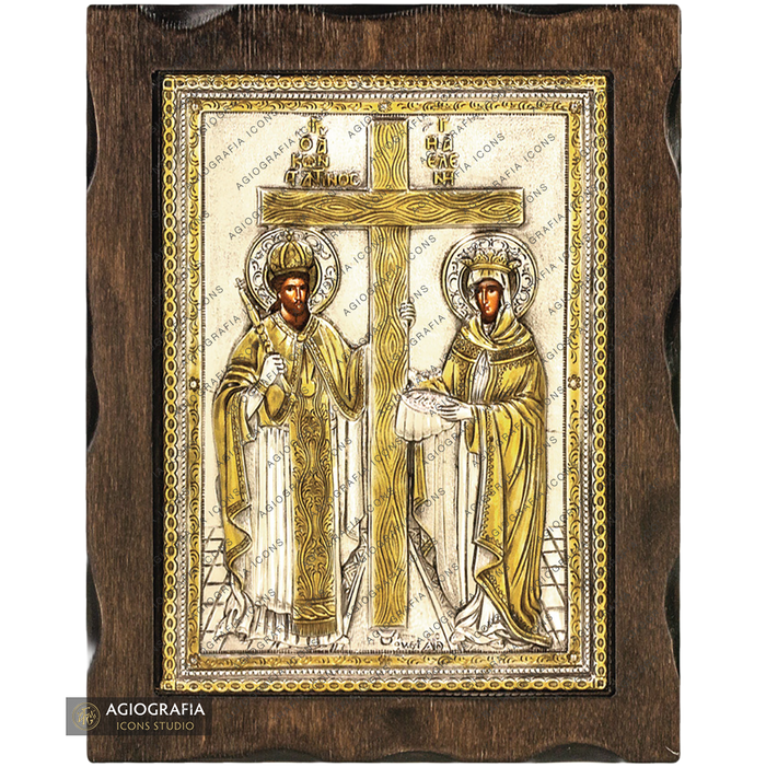 Saints Constantine and Helen Pure Silver and 24k Gold Plated Icon