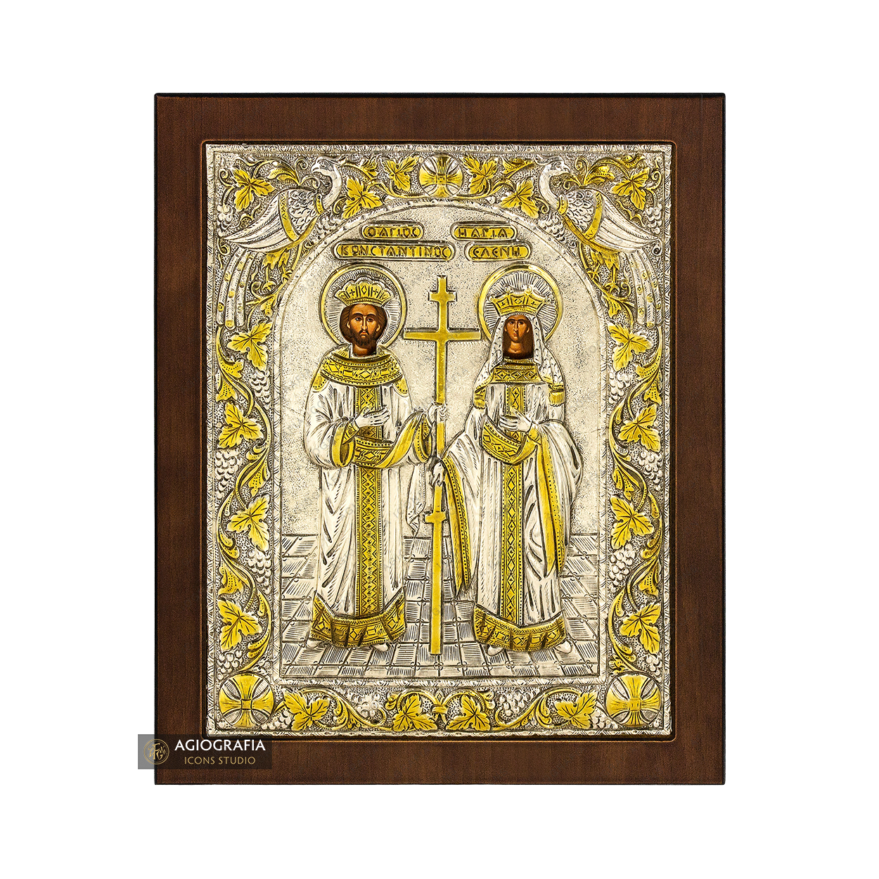 Saints Constantine and Helen Silver Gold Plated Icon on Wood