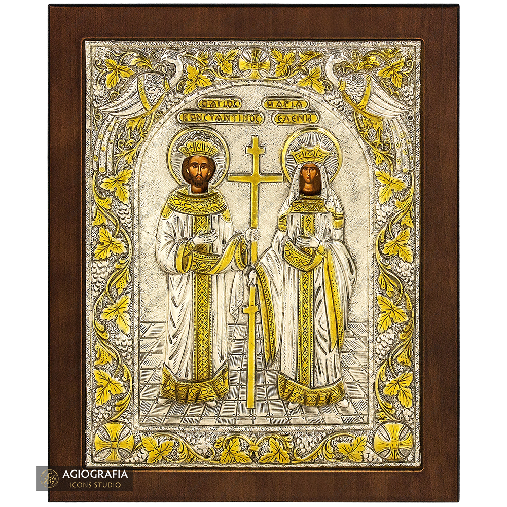 Saints Constantine and Helen Silver Gold Plated Icon on Wood