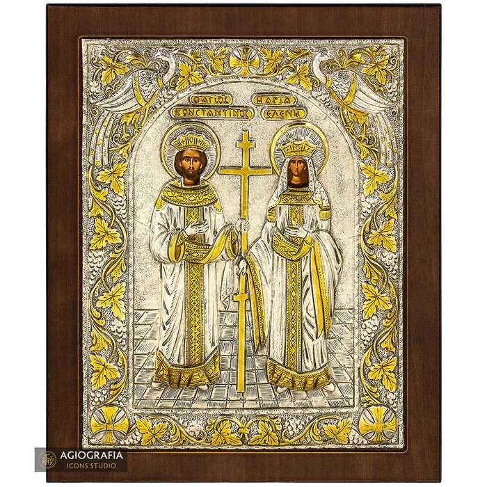 Saints Constantin et Hélène icône plaquée argent et or sur bois