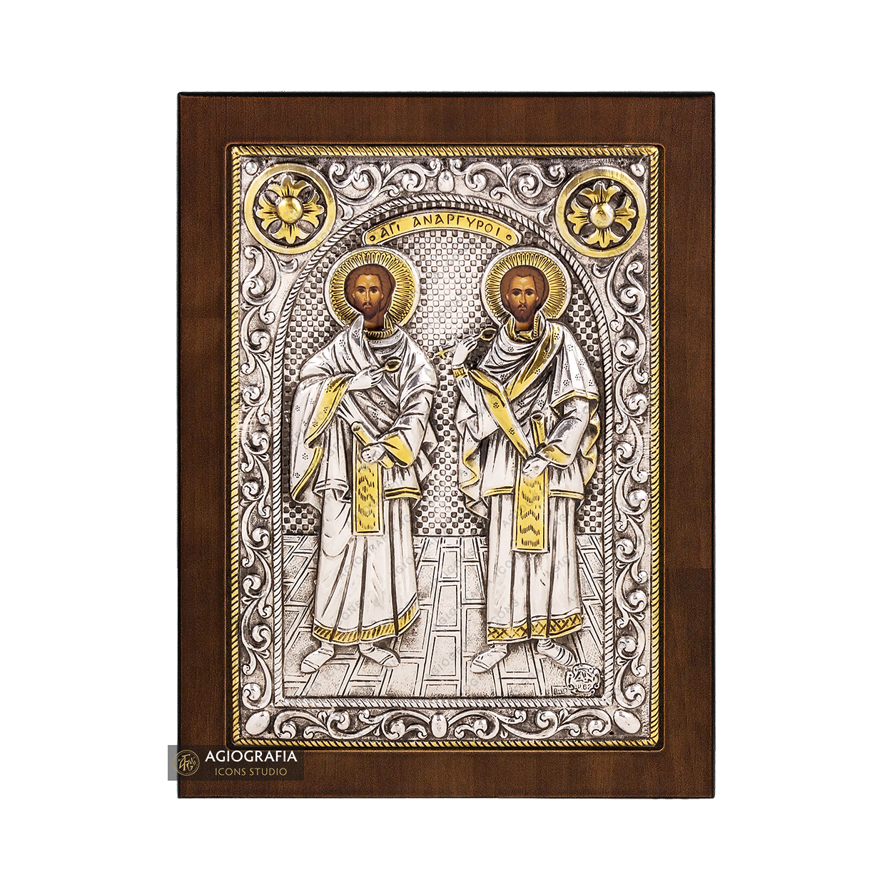 Saints Cosmas and Damianos Christian Orthodox Silver Plated Icon