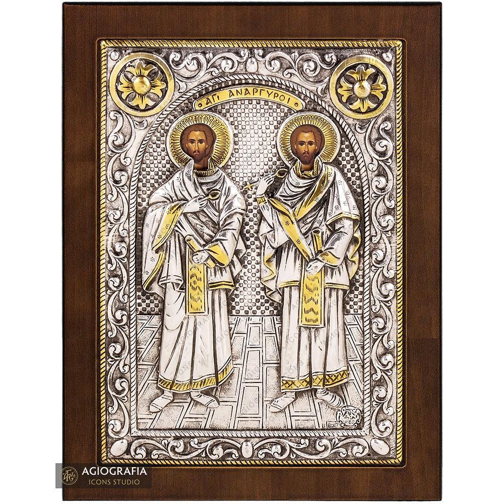Saints Cosmas and Damianos Christian Orthodox Silver Plated Icon