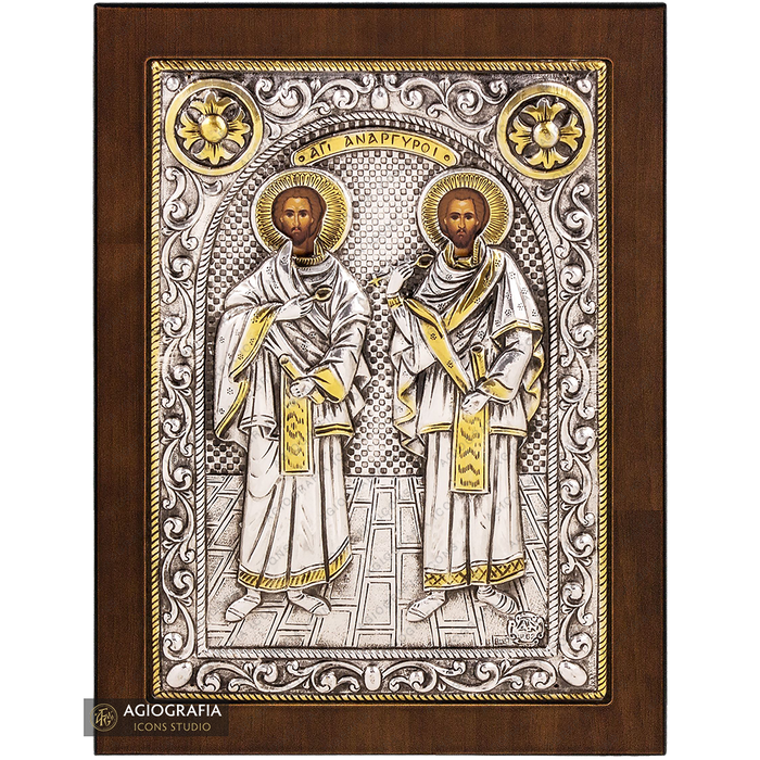 Santi Cosma e Damiano icona cristiana ortodossa placcata argento