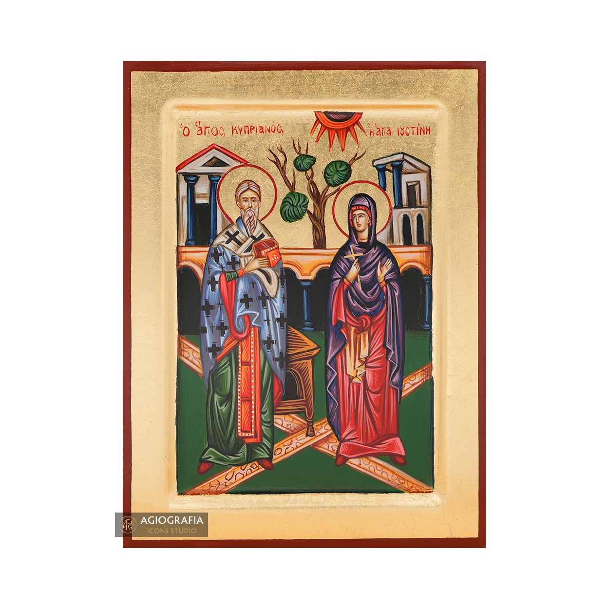 Saints Cyprian & Justine Handwritten Icon with Gold Leaves