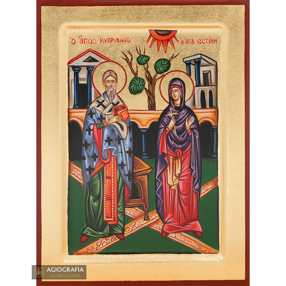 Saints Cyprian & Justine Handwritten Icon with Gold Leaves