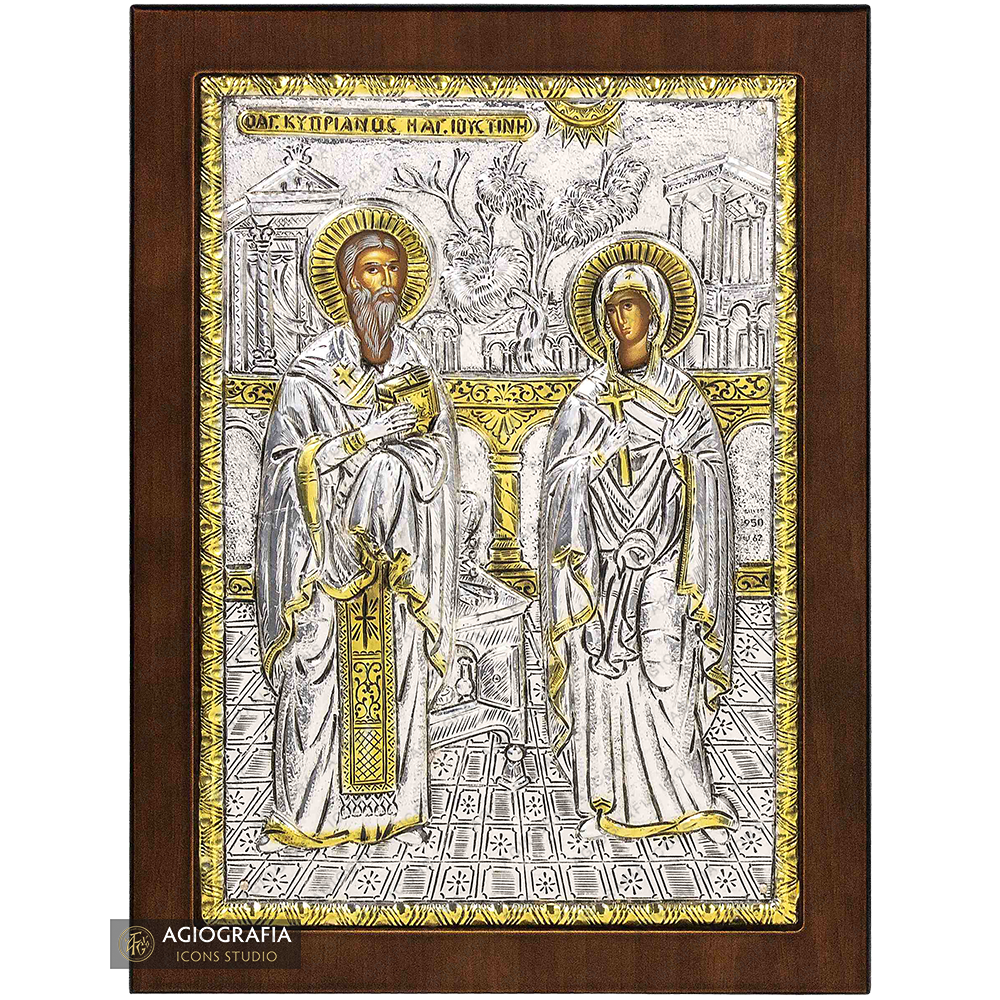 Saints Cyprian & Justina of Nicomedea Orthodox Silver Plated Icon