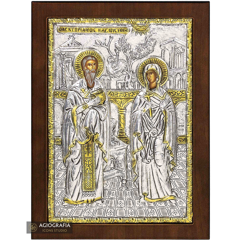 Saints Cyprian & Justina of Nicomedea Orthodox Silver Plated Icon