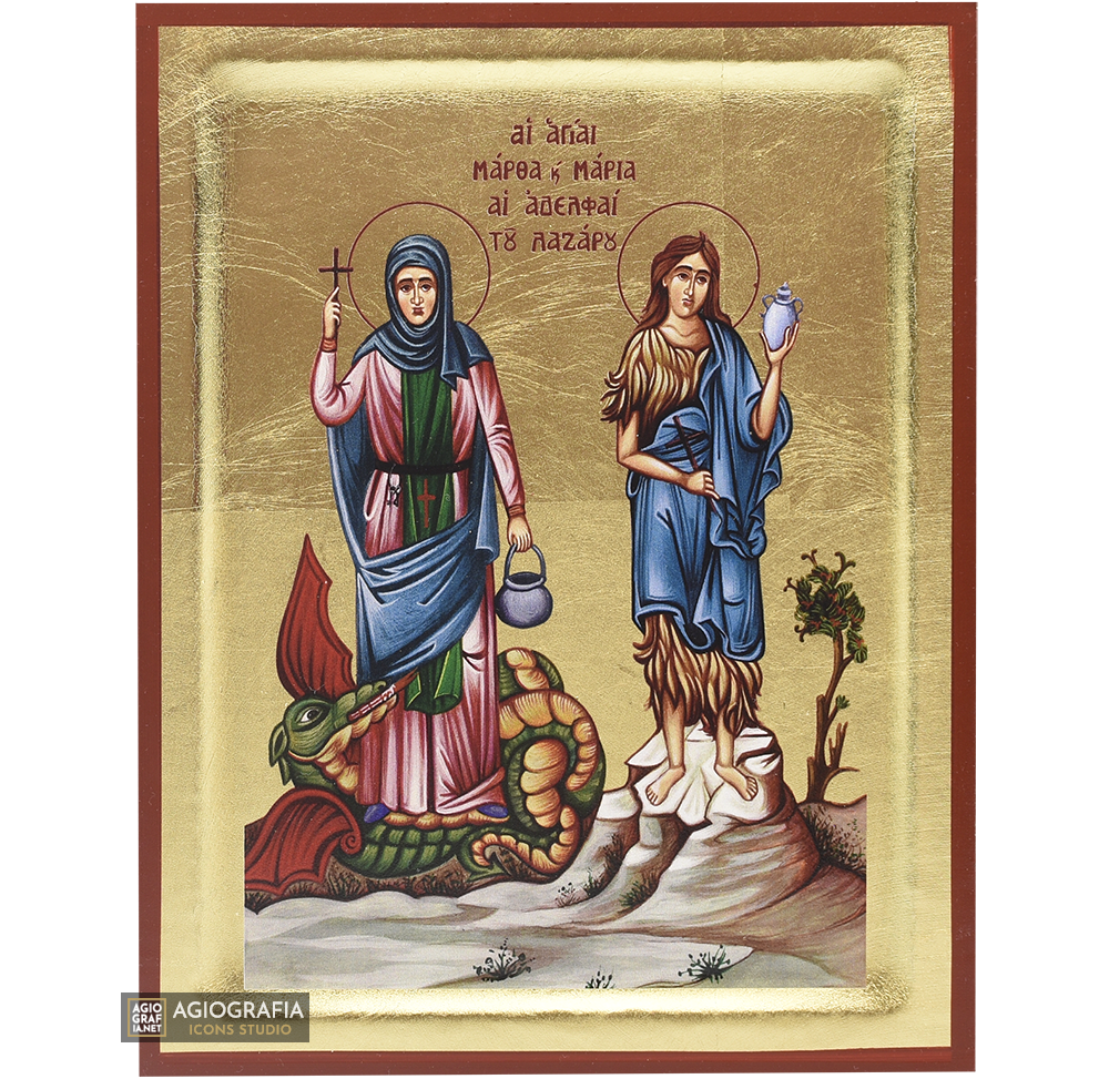 18k Sts Martha & Magdalene Orthodox Icon on Wood with Gold Leaf