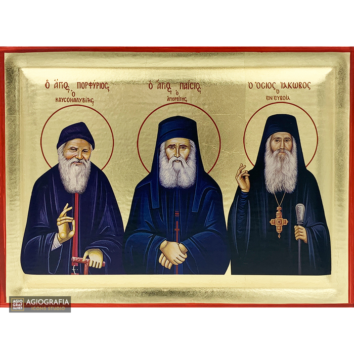 Saints Paisios - Porphyrios - Jacob Orthodox Wood Icon with Gold Leaf