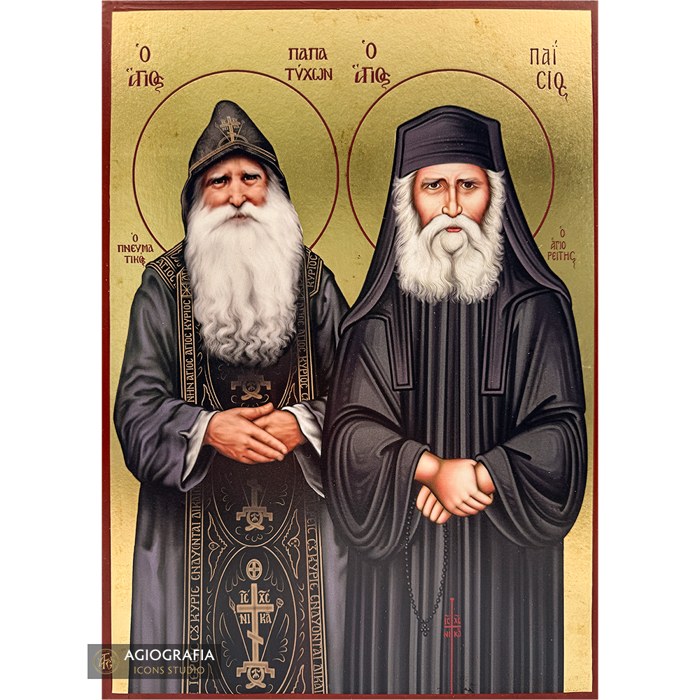 Saints Paisios and Tikhon Gold Print Icon with Aged Gold Foil