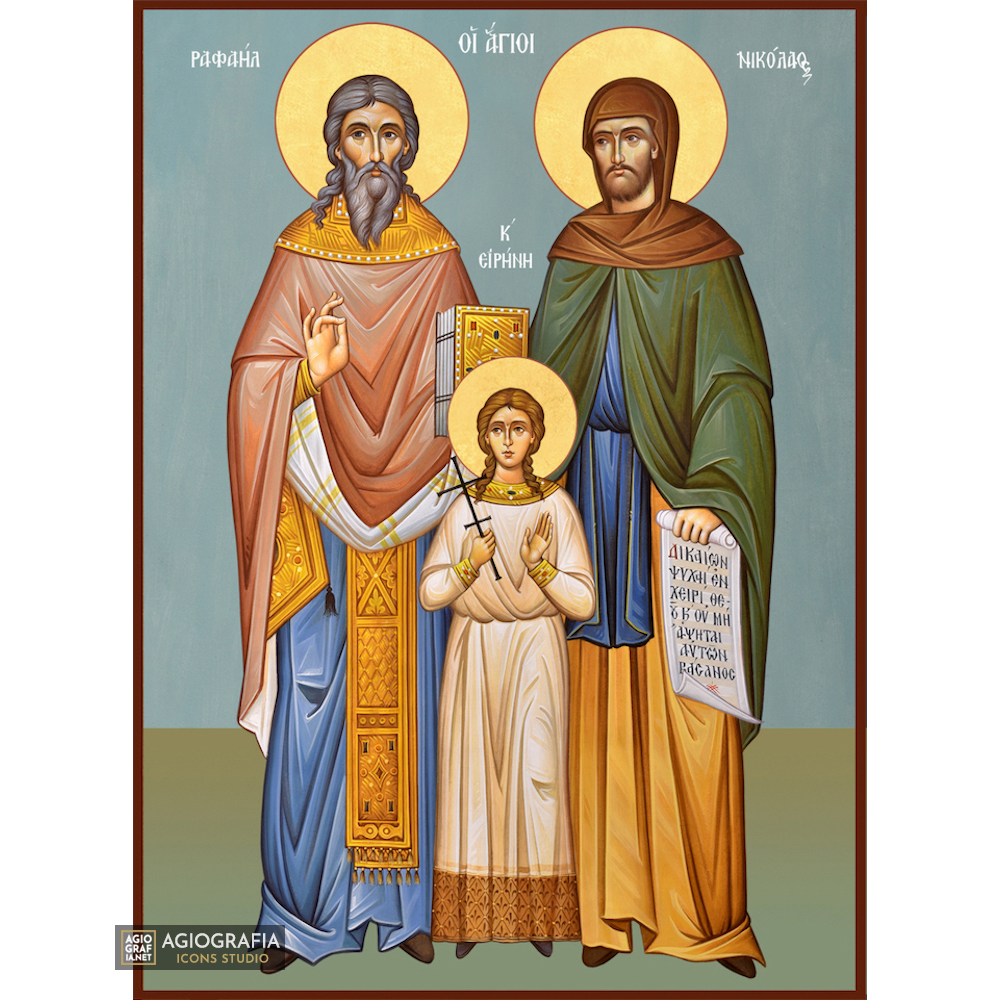 Saints Raphael - Nicholas - Irene Greek Icon with Blue Background