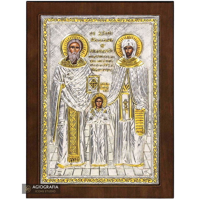 Santi Raffaele Nicola Irene icona cristiana ortodossa placcata argento