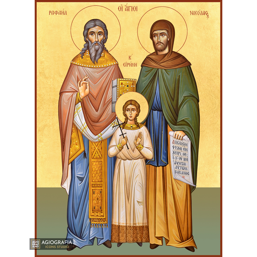 22k Sts Raphael - Nicholas - Irene - Gold Leaf Christian Orthodox Icon