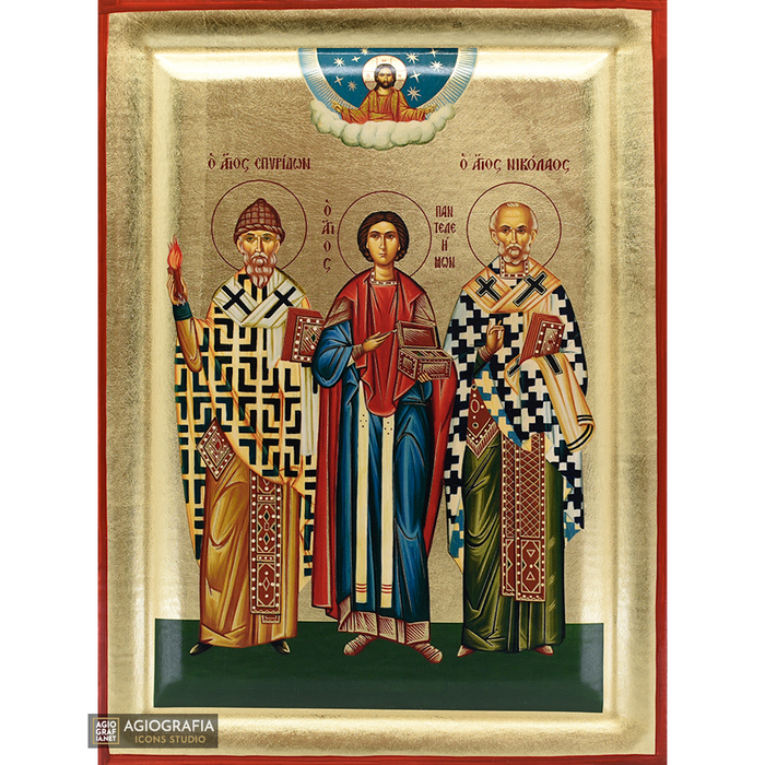 Saints Spiridon - Panteleimon - Nicholas Christian Icon with Gold Leaf