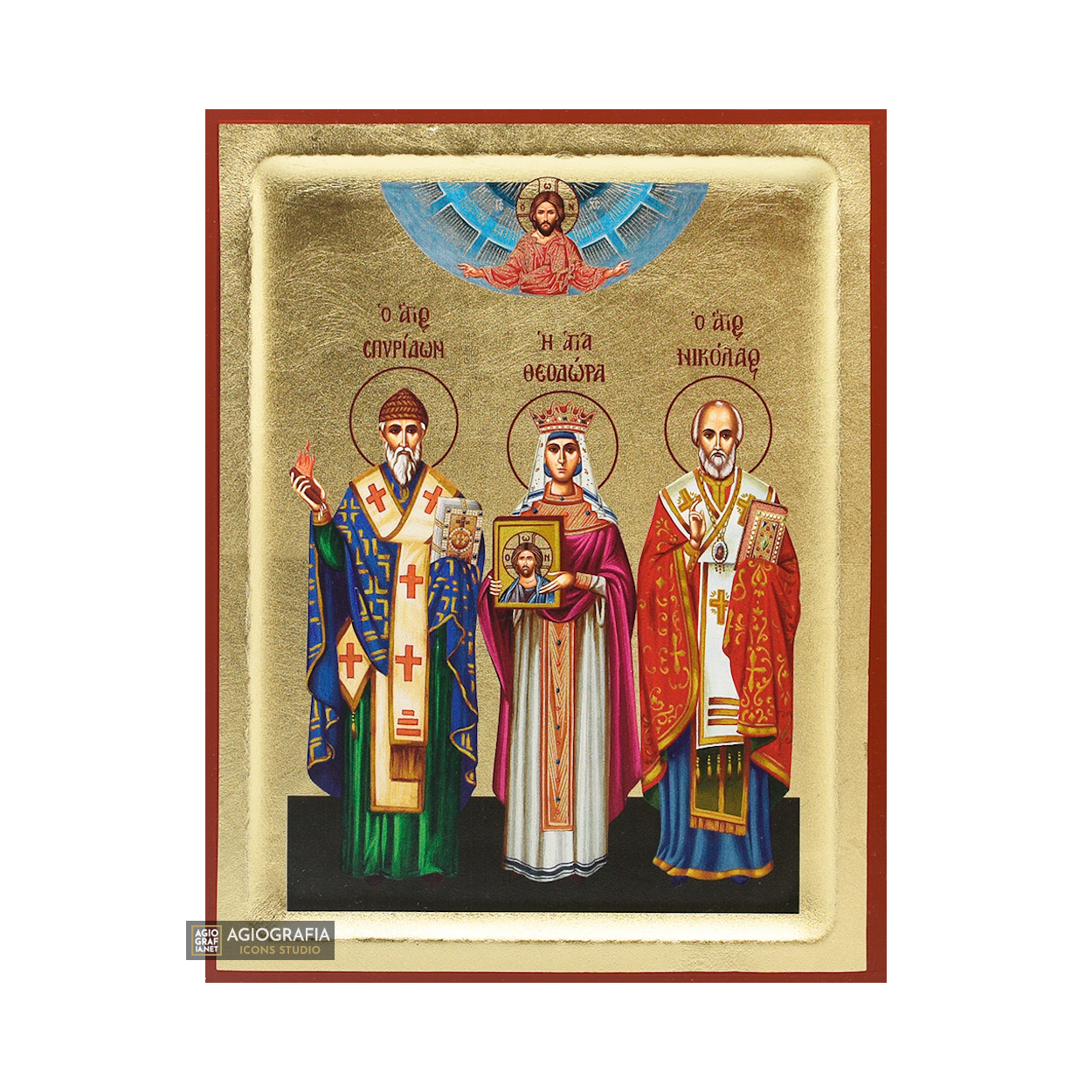 18k Saints Spiridon Theodora Nicholas Orthodox Icon with Gold Leaf