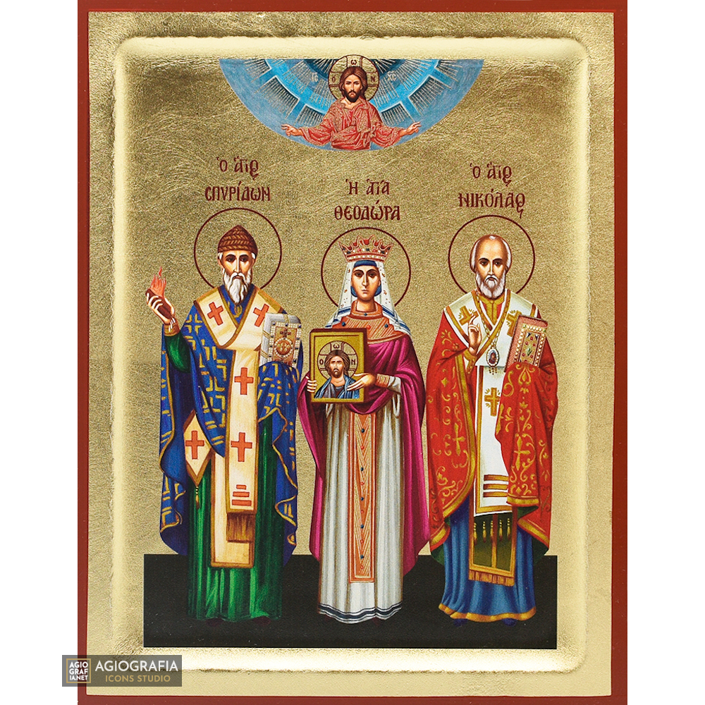 18k Saints Spiridon Theodora Nicholas Orthodox Icon with Gold Leaf