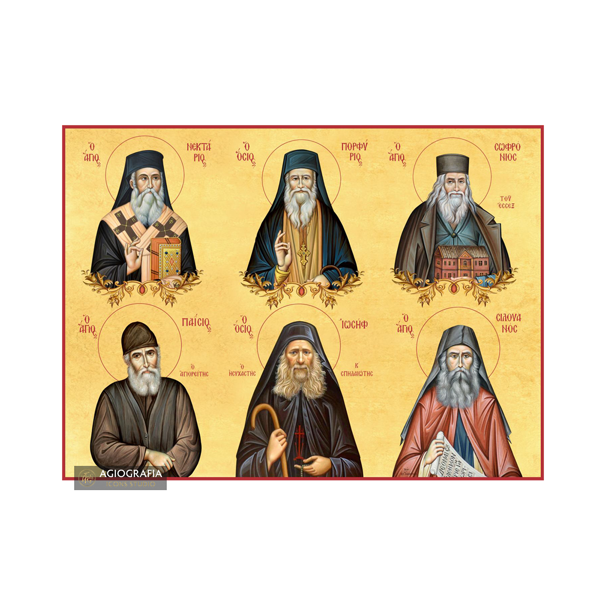 22k Sts Joseph, Paisios, Porphyrios, Sophrony, Nektarios, Silouan Gold Leaf Icon