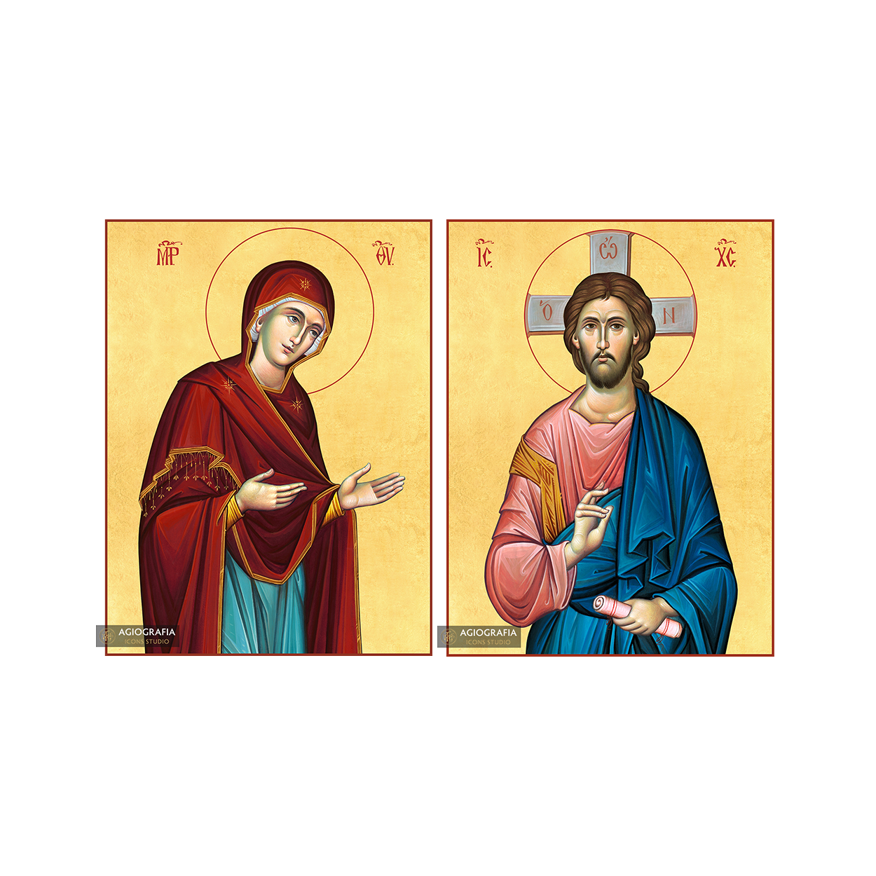 2 Christian Icons Jesus Christ Virgin Mary on Wood with 22k Gold Leaf