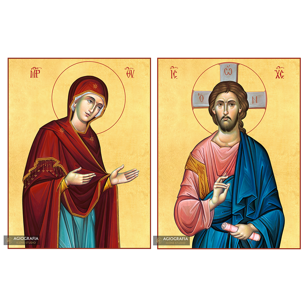 2 Christian Icons Jesus Christ Virgin Mary on Wood with 22k Gold Leaf