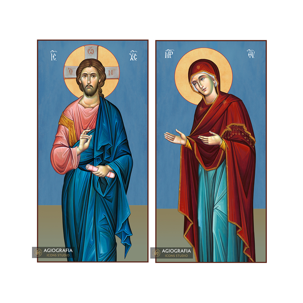 2 Christian Icons Jesus Christ Virgin Mary on Wood - Blue Background