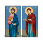 2 Christian Icons Jesus Christ Virgin Mary on Wood - Blue Background