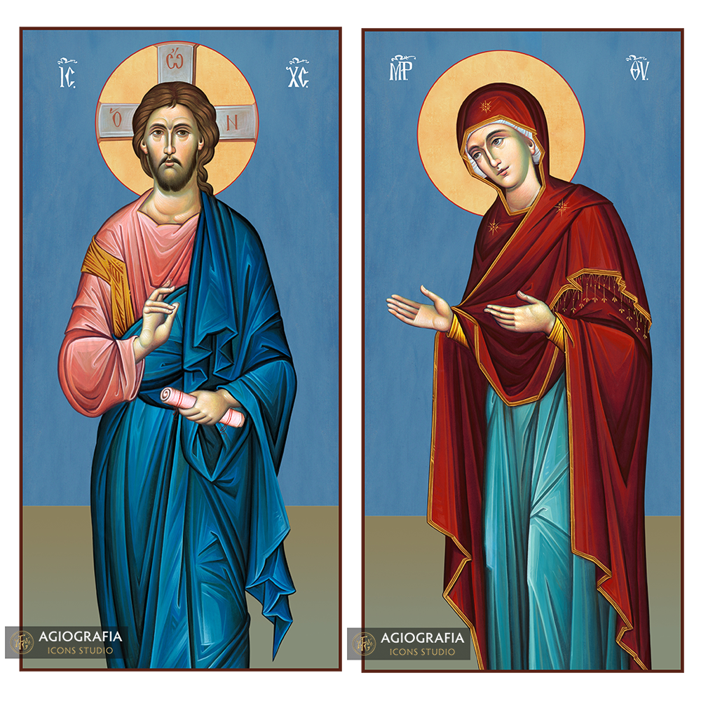 2 Christian Icons Jesus Christ Virgin Mary on Wood - Blue Background