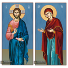 2 Christian Icons Jesus Christ Virgin Mary on Wood - Blue Background