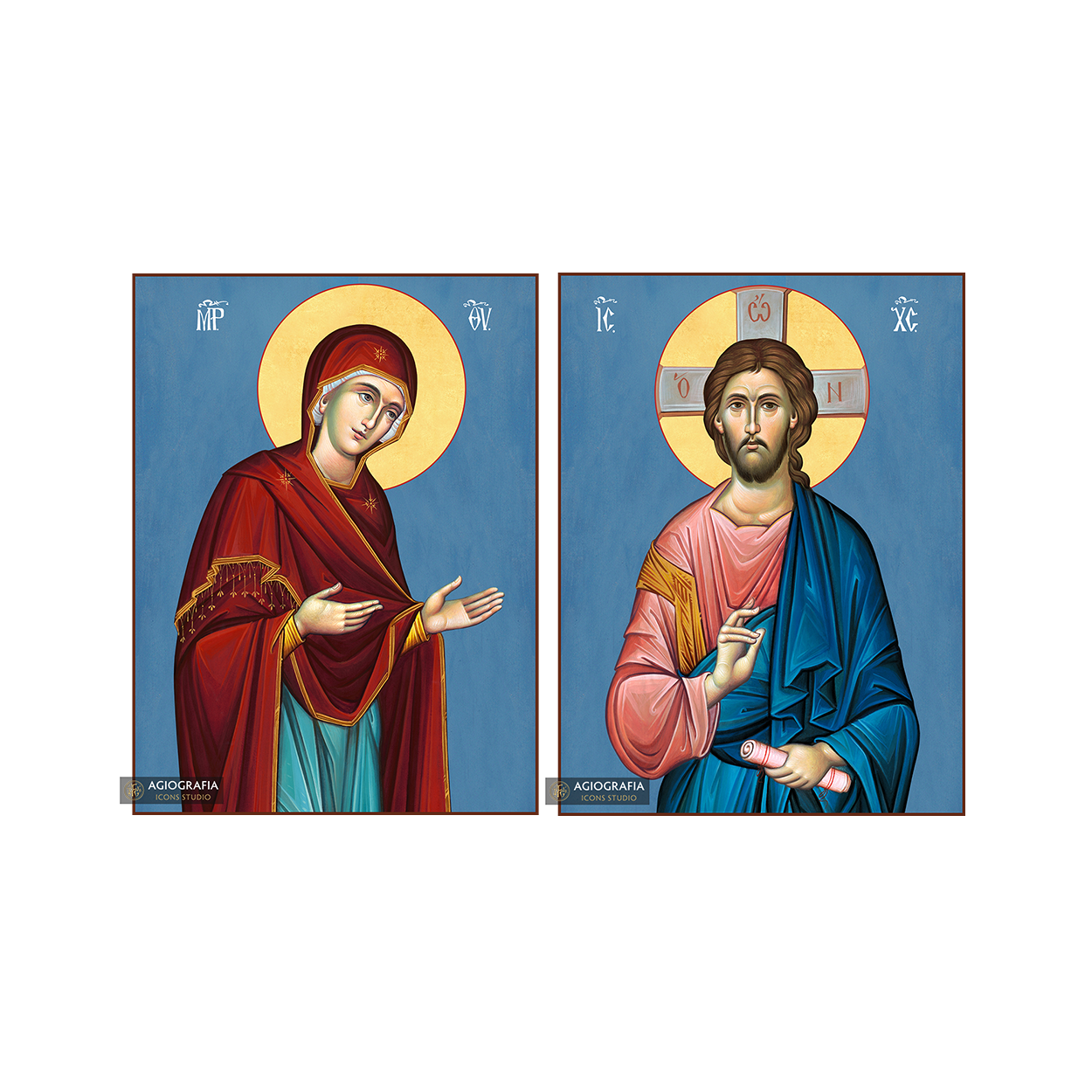 2 Christian Icons Jesus Christ Virgin Mary on Wood - Blue Background