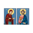 2 Christian Icons Jesus Christ Virgin Mary on Wood - Blue Background