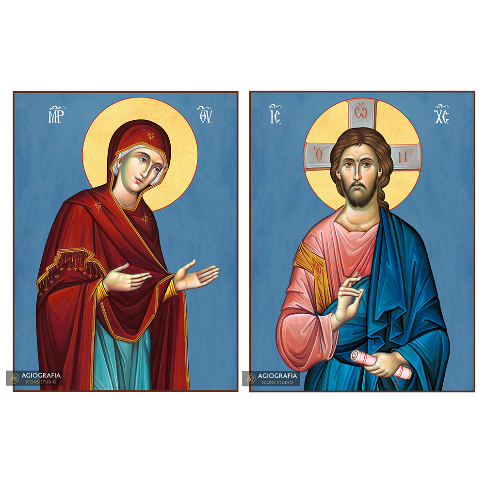 2 Christian Icons Jesus Christ Virgin Mary on Wood - Blue Background