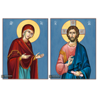 2 Christian Icons Jesus Christ Virgin Mary on Wood - Blue Background