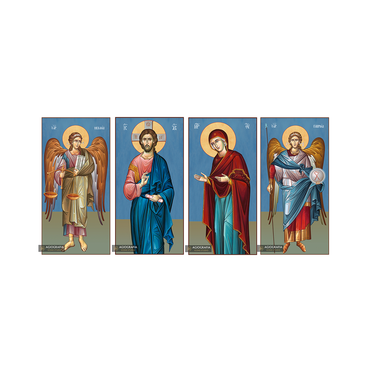 4 Icons Christ Virgin Mary Archangels Michael Gabriel Blue Background