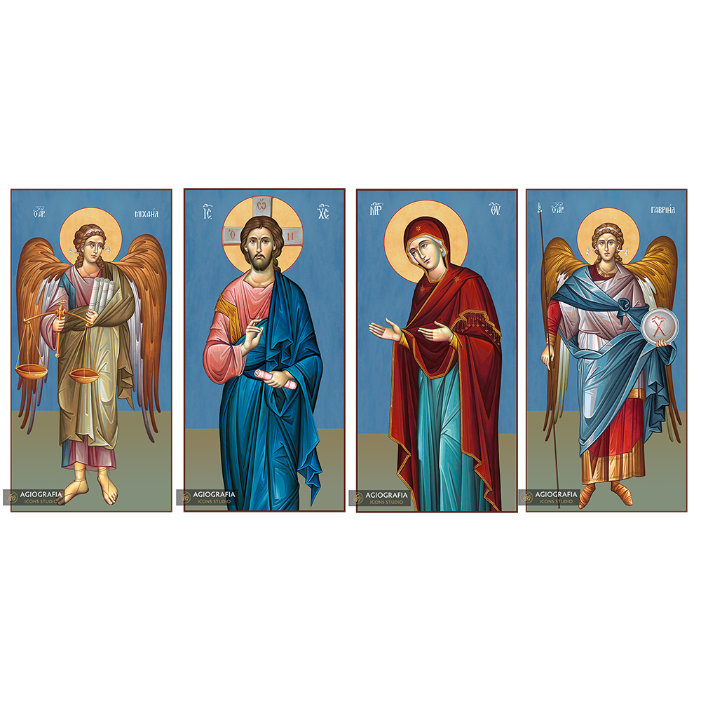 4 Icons Christ Virgin Mary Archangels Michael Gabriel Blue Background