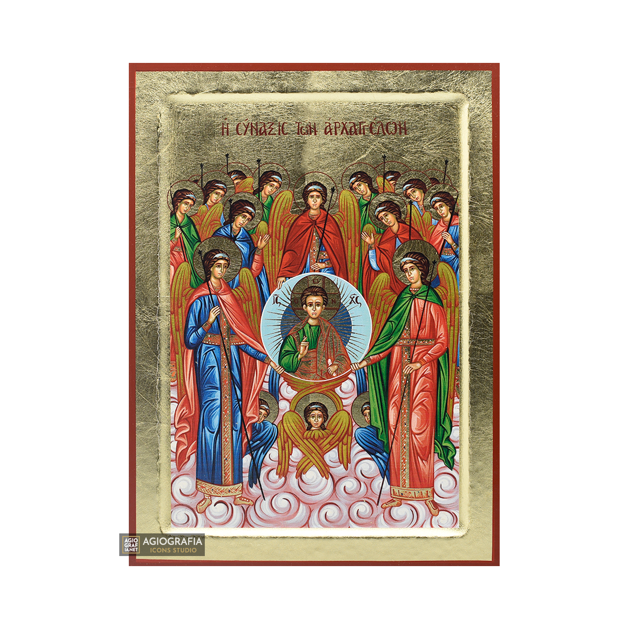 18 karats Synaxis of the Archangels Orthodox Wood Icon with Gold Leaf